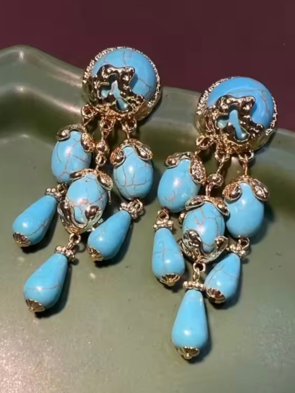 NWT TURQUOISE DANGLE TASSELS EARRINGS PALACE STYLE LUXURY JEWELRY